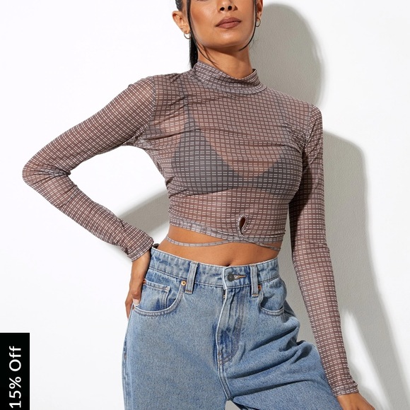 MOTEL ROCKS SAHILA CROP TOP IN MINI CHECK CHOCOLATE - Picture 2 of 3